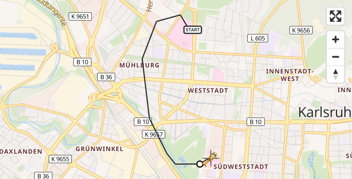 Flugroute Ambulanzhubschrauber Karlsruhe - Sankt Vincentius Hospital, 30 September 2026, 14:09