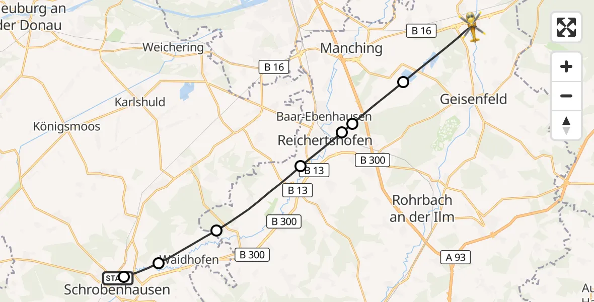 Flugroute Rettungshubschrauber Schrobenhausen District Hospital - Geisenfeld, 30 September 2026, 14:14
