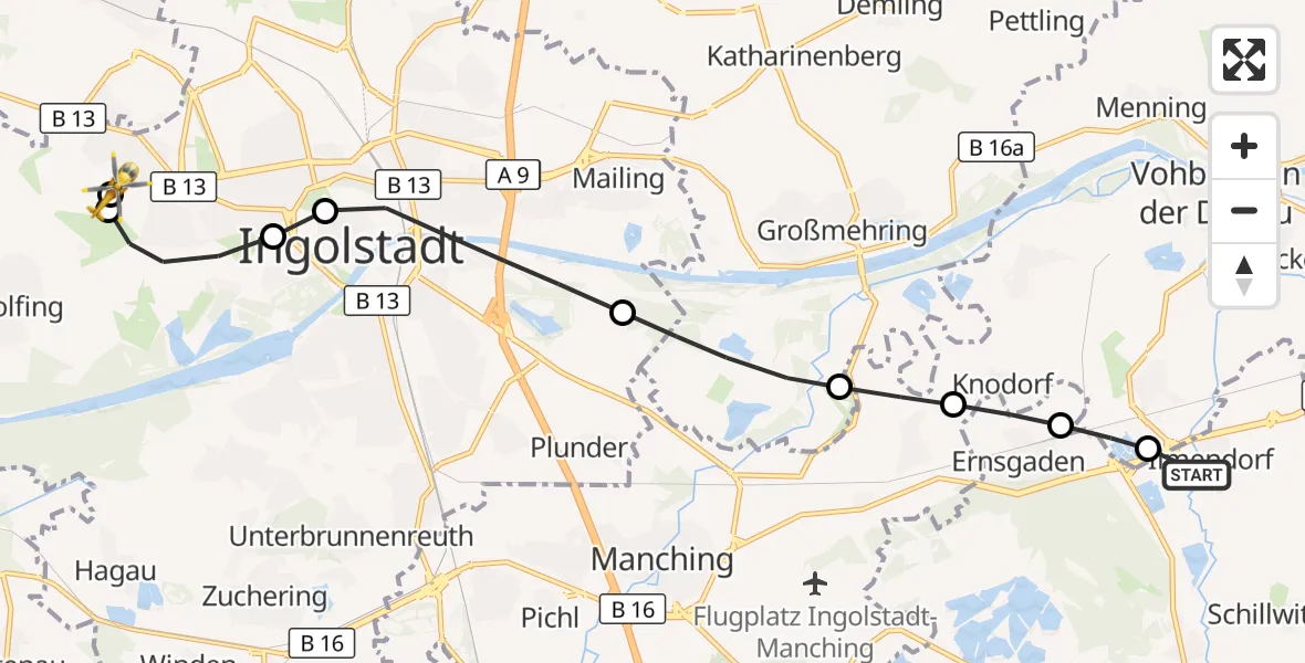 Flugroute Rettungshubschrauber Geisenfeld - Ingolstadt Hospital, 30 September 2026, 14:41