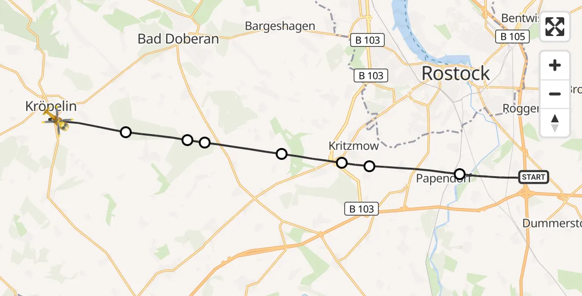 Flugroute Ambulanzhubschrauber Dummerstorf - Kröpelin, 30 September 2026, 14:54