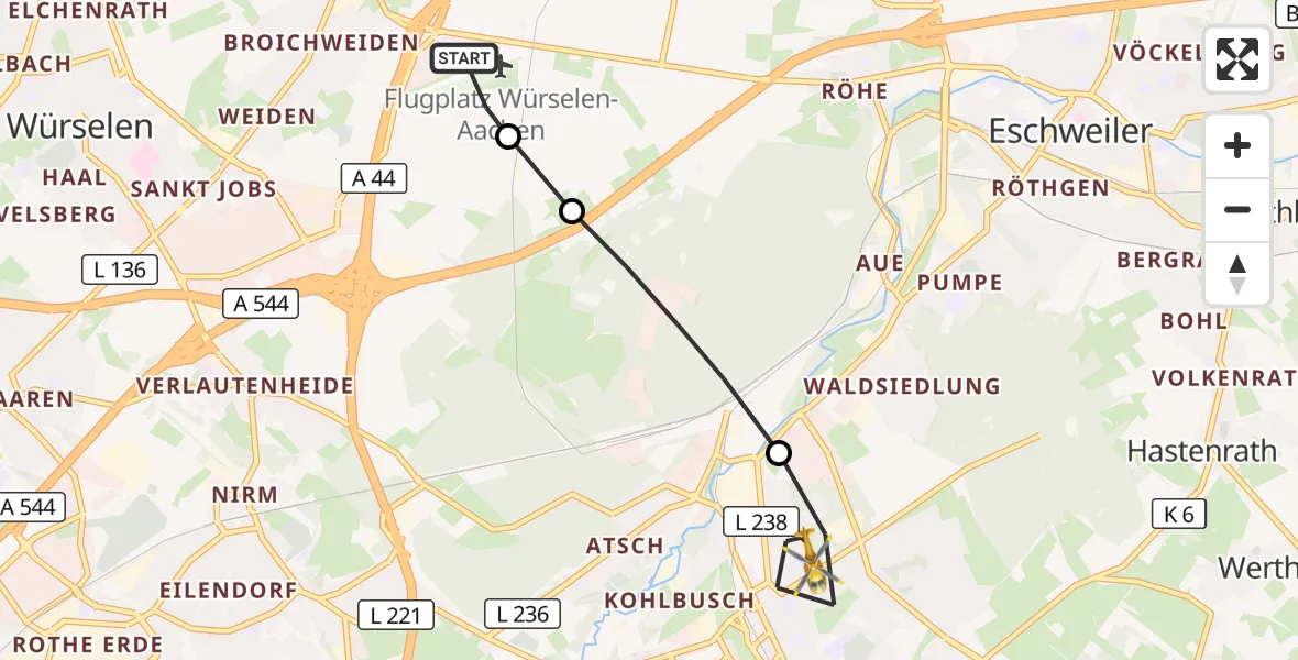 Flugroute Rettungshubschrauber Aachen-Merzbrück Flughafen - Stolberg (Rhld.), 30 September 2026, 15:11