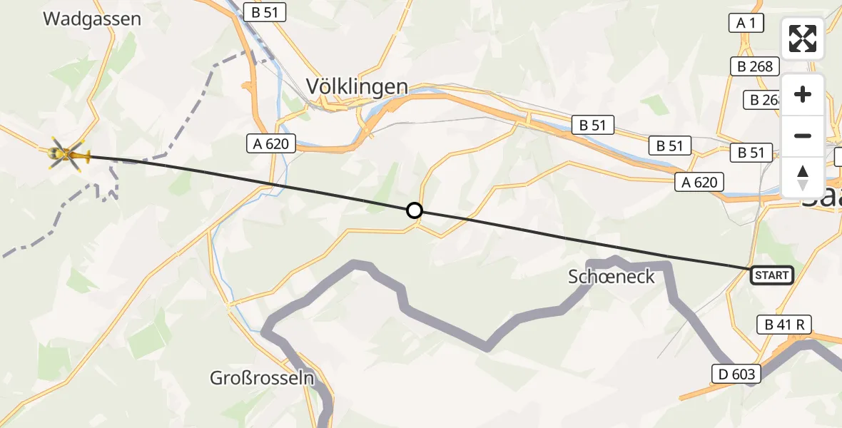 Flugroute Rettungshubschrauber Saarbrücken - Wadgassen, 30 September 2026, 15:11