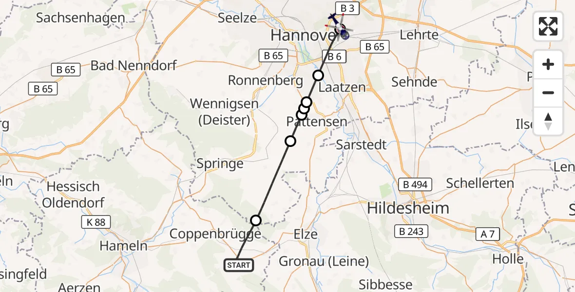 Flugroute Polizeihubschrauber Salzhemmendorf - Hannover Luftrettung Hubschrauberlandeplatz (Christoph 4), 30 September 2026, 15:13