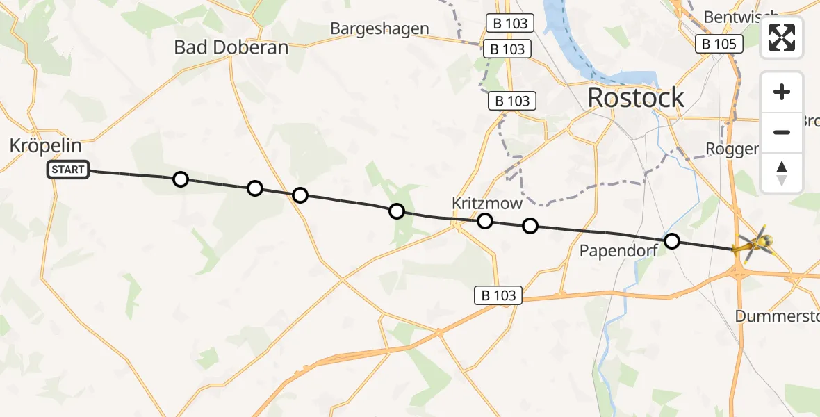 Flugroute Ambulanzhubschrauber Kröpelin - Dummerstorf, 30 September 2026, 15:30