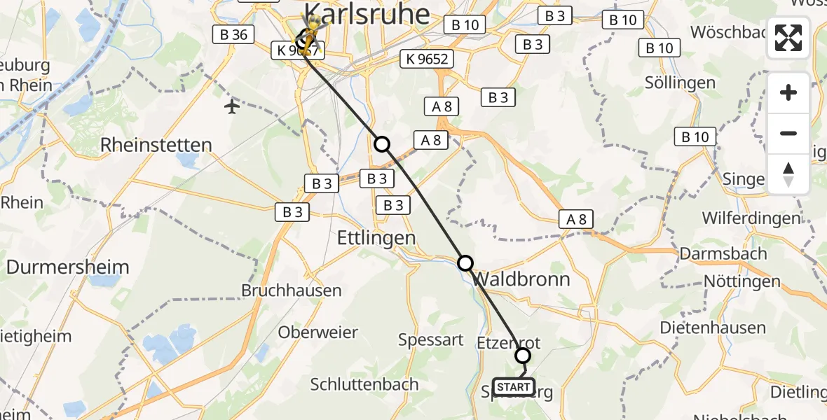 Flugroute Ambulanzhubschrauber Karlsbad - Sankt Vincentius Hospital, 30 September 2026, 15:34