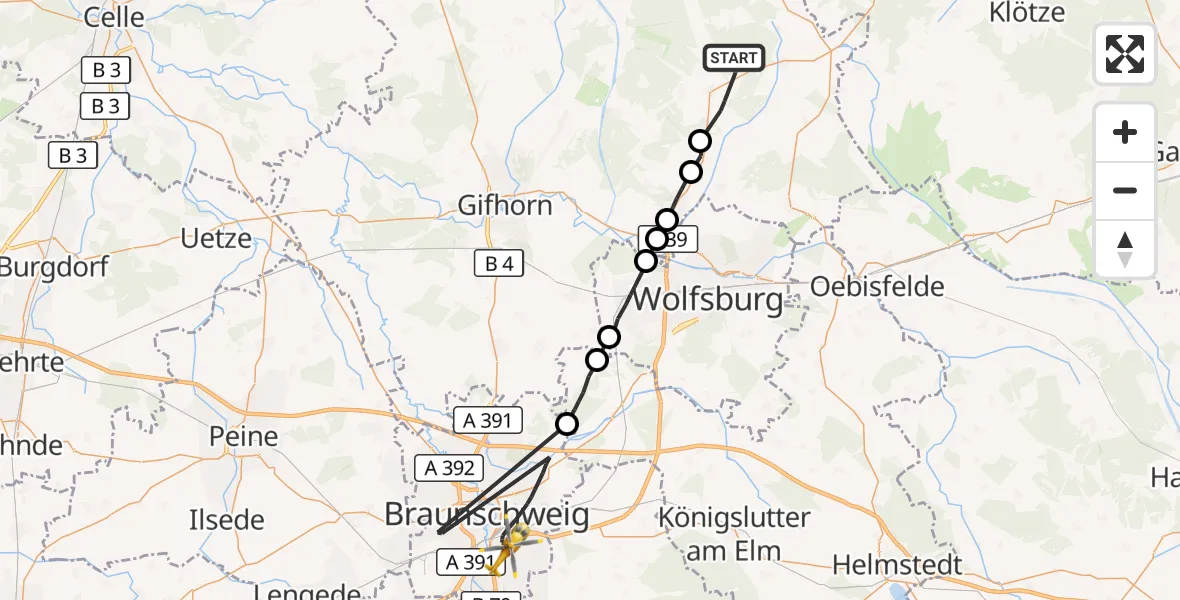 Flugroute Rettungshubschrauber Ehra-Lessien - Braunschweig, 30 September 2026, 15:35