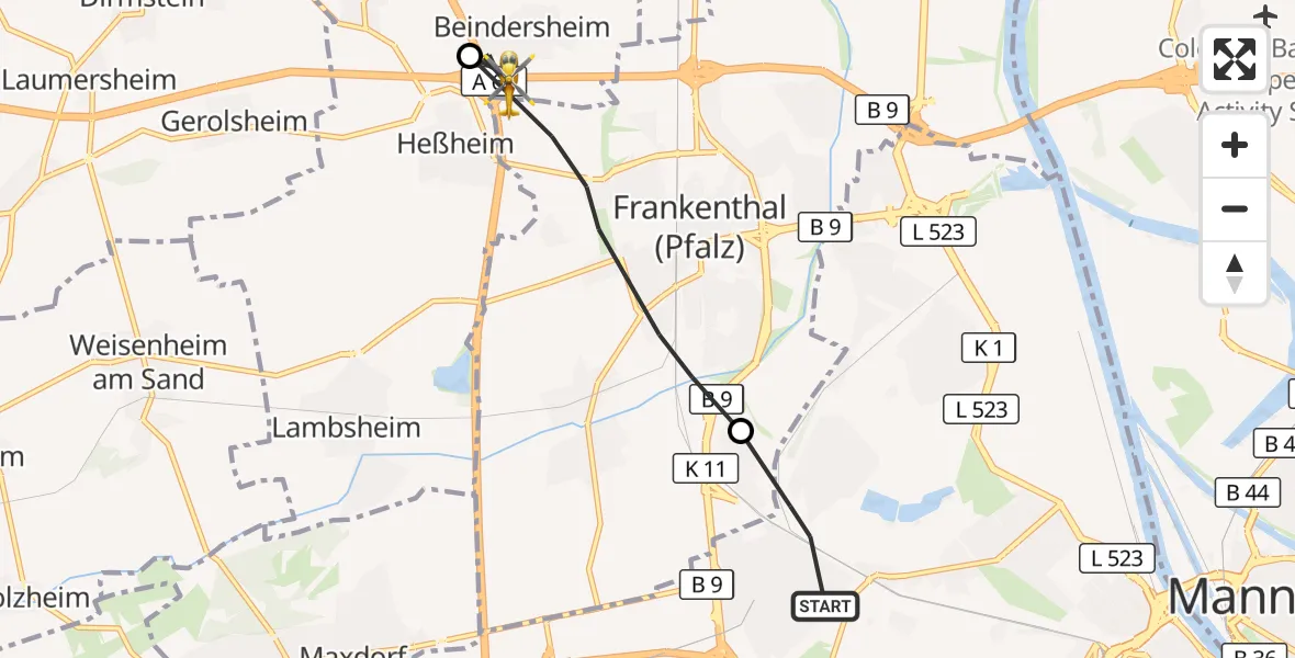 Flugroute Rettungshubschrauber Ludwigshafen am Rhein - Beindersheim, 30 September 2026, 15:41