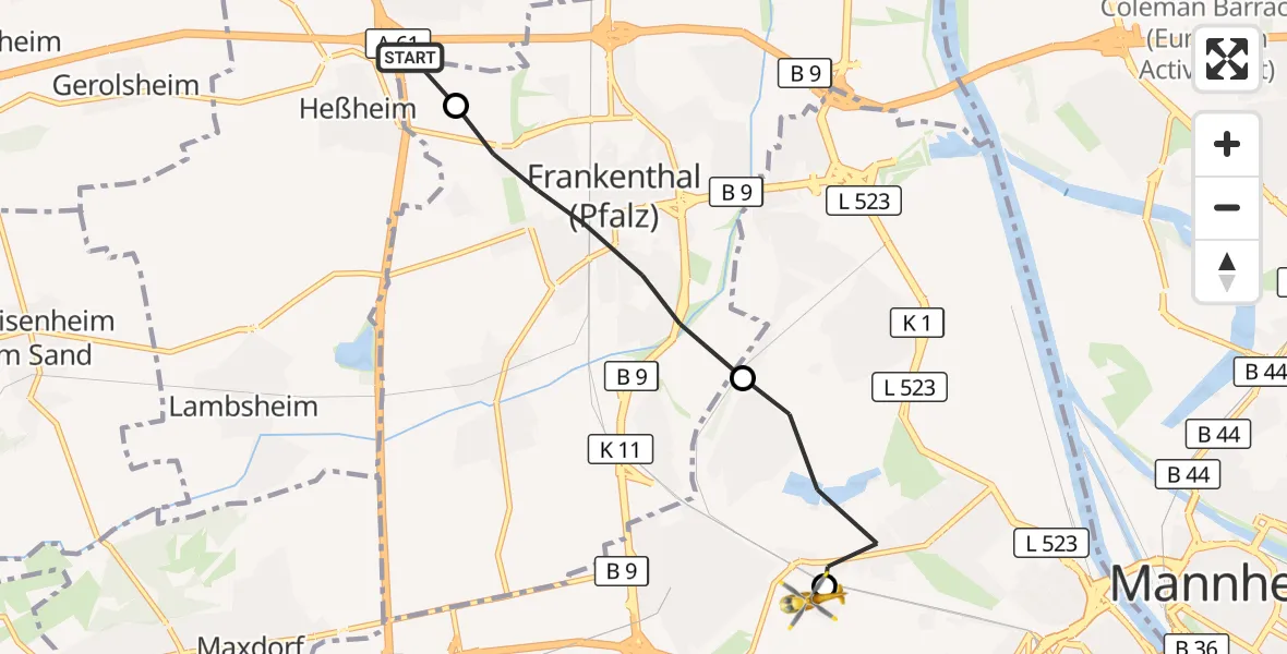 Flugroute Rettungshubschrauber Beindersheim - Ludwigshafen Accident Hospital, 30 September 2026, 16:05