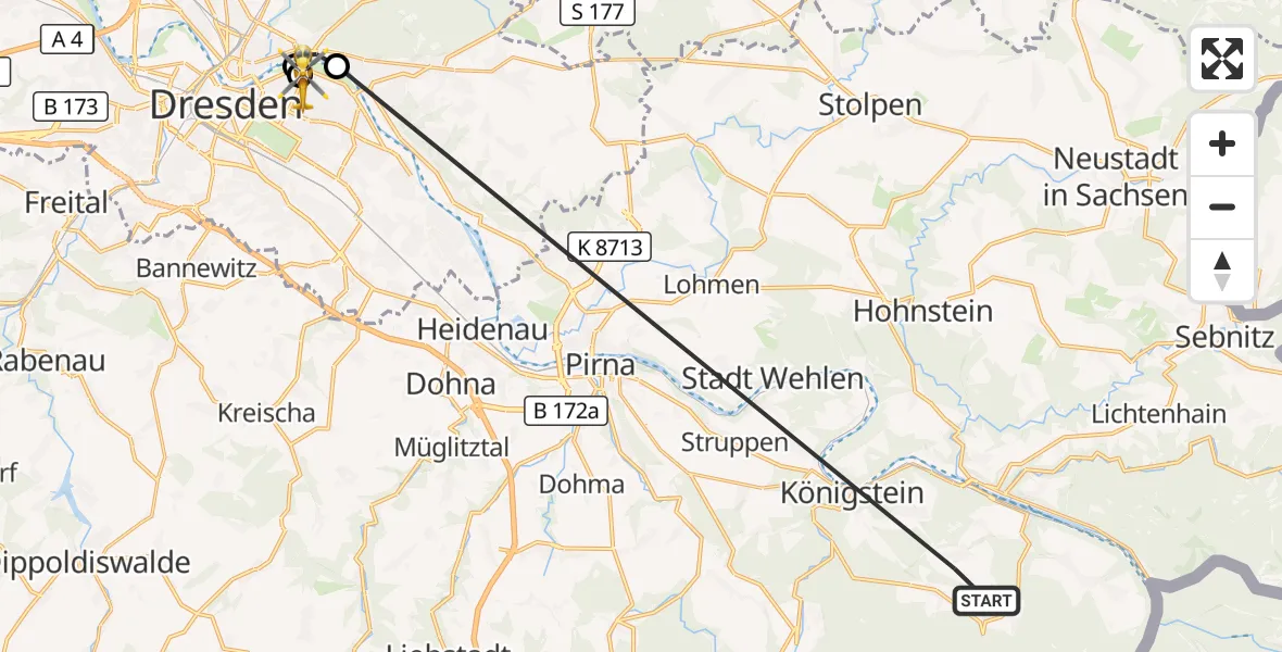 Flugroute Rettungshubschrauber Gohrisch - Dresden University Hospital, 30 September 2026, 16:08
