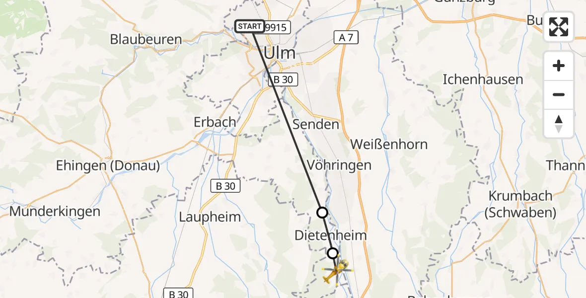Flugroute Rettungshubschrauber Ulm Military Hospital Emergency - Balzheim, 30 September 2026, 16:09