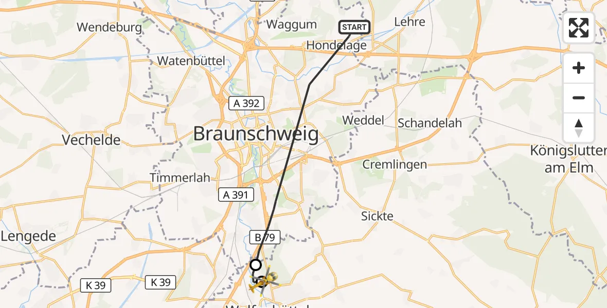 Flugroute Rettungshubschrauber Braunschweig - Wolfenbüttel Municipal Hospital Hubschrauberlandeplatz (Christoph 30), 30 September 2026, 16:16