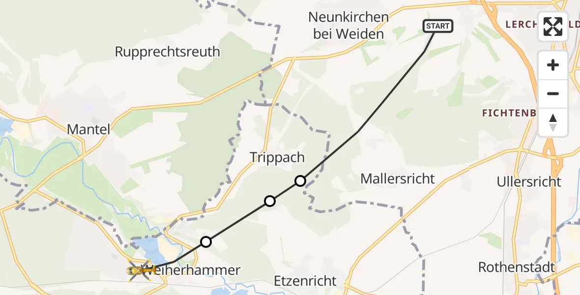 Flugroute Ambulanzhubschrauber Weiden i.d.OPf. - Weiherhammer, 30 September 2026, 16:22