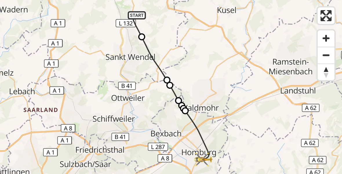 Flugroute Rettungshubschrauber Namborn - Homburg, 30 September 2026, 16:34