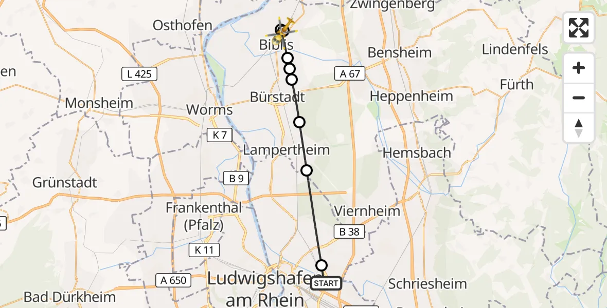 Flugroute Rettungshubschrauber Mannheim-City Flughafen - Biblis, 30 September 2026, 16:35