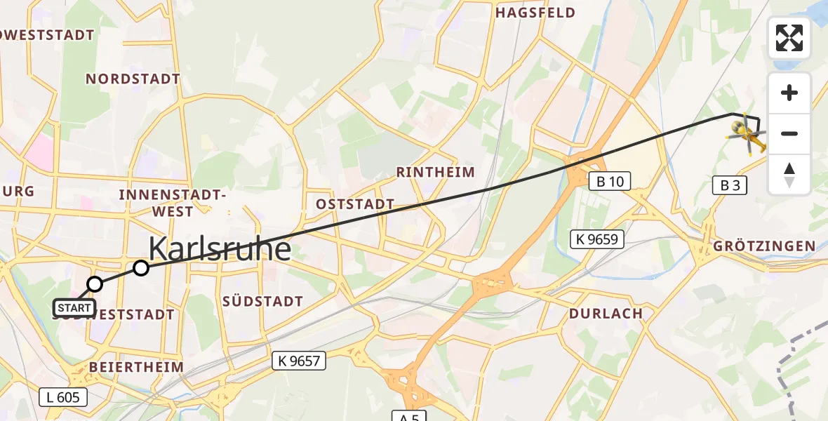 Flugroute Ambulanzhubschrauber Sankt Vincentius Hospital - Karlsruhe, 30 September 2026, 16:40