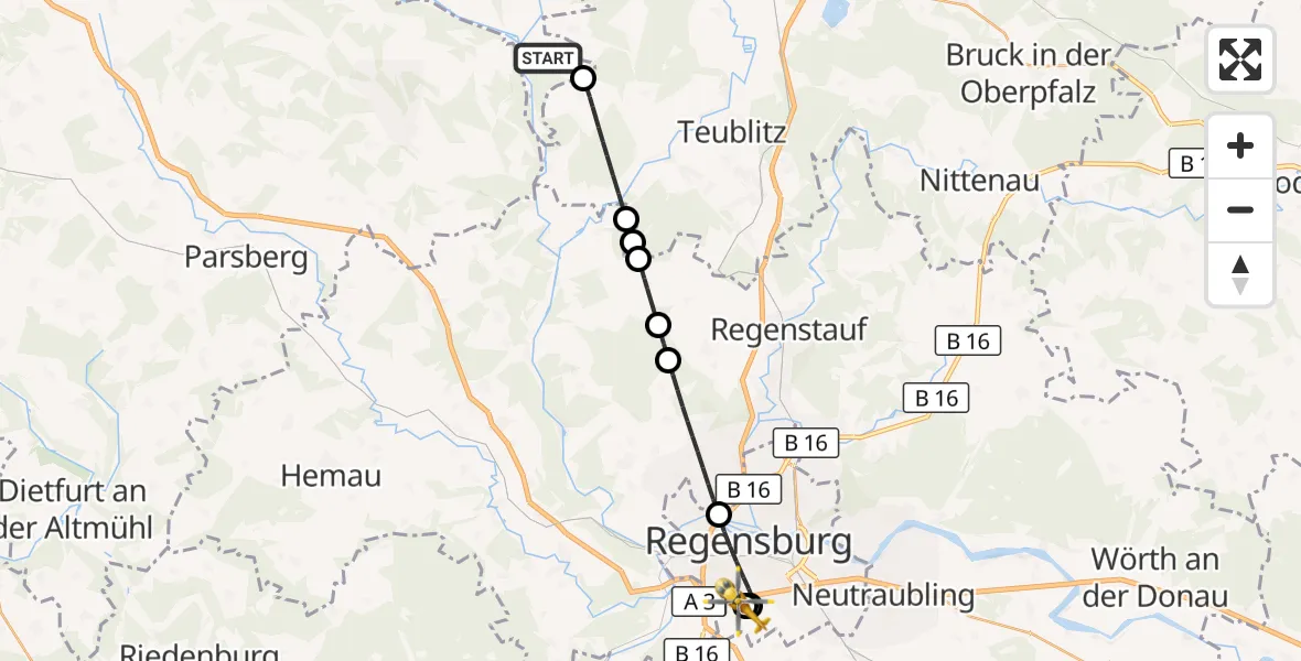 Flugroute Rettungshubschrauber Schmidmühlen - DRF Air Rescue Station Regensburg / Regensburg University Hospital, 30 September 2026, 16:47