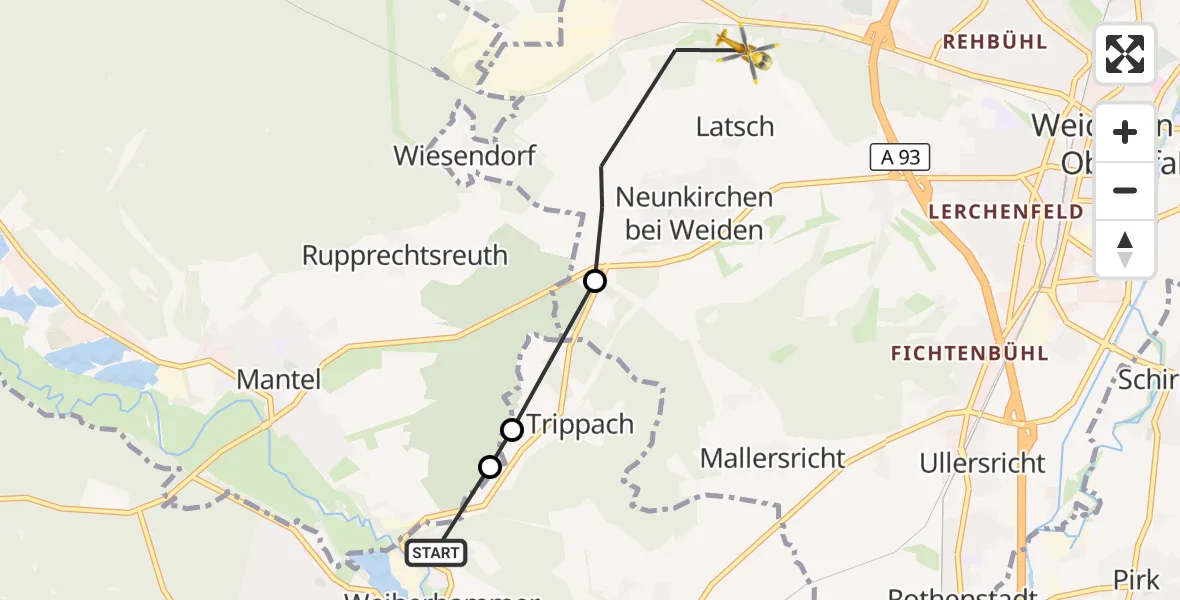 Flugroute Ambulanzhubschrauber Weiherhammer - Weiden i.d.OPf., 30 September 2026, 16:51