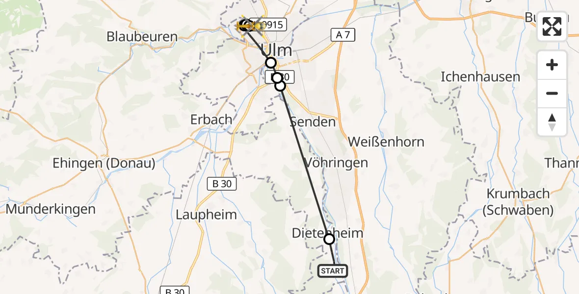 Flugroute Rettungshubschrauber Balzheim - Ulm Military Hospital Emergency Hubschrauberlandeplatz, 30 September 2026, 17:00