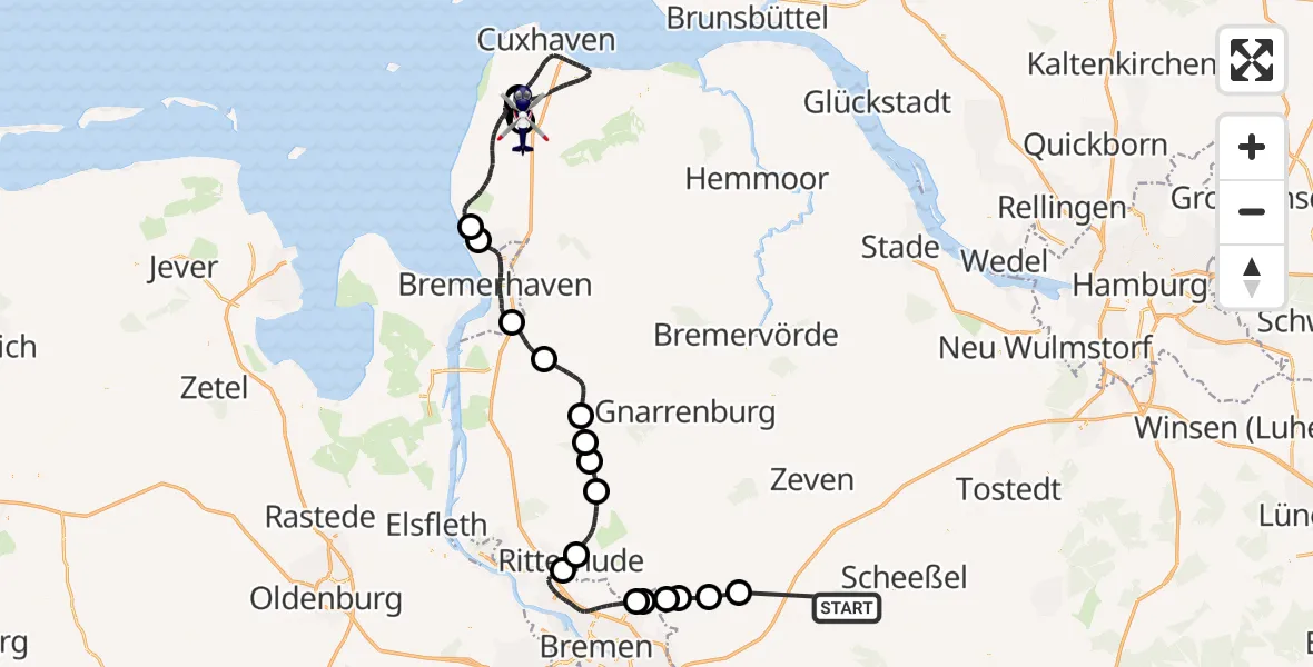 Flugroute Polizeihubschrauber Rotenburg (Wümme) - Wurster Nordseeküste, 30 September 2026, 17:00