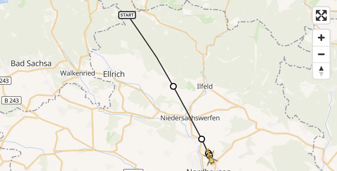 Flugroute Rettungshubschrauber Ellrich - Südharz Hospital Nordhausen, 30 September 2026, 17:06