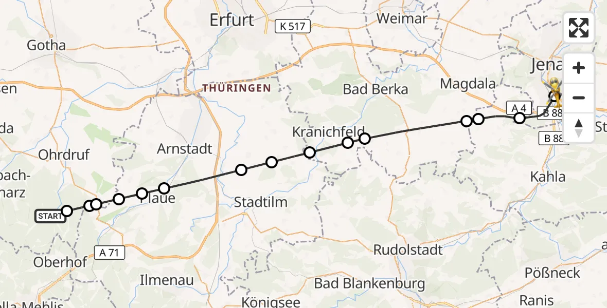 Flugroute Rettungshubschrauber Luisenthal - Lobeda Hubschrauberlandeplatz, 30 September 2026, 17:06