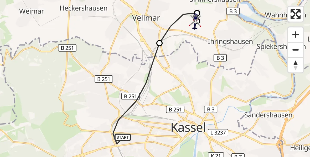Flugroute Polizeihubschrauber Kassel - Fuldatal Bundespolizei Hubschrauberlandeplatz, 30 September 2026, 17:06