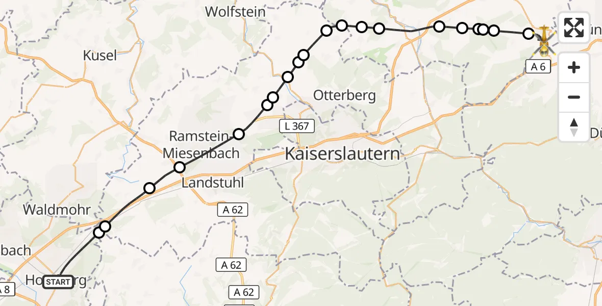 Flugroute Rettungshubschrauber Homburg - Eisenberg (Pfalz), 30 September 2026, 17:09