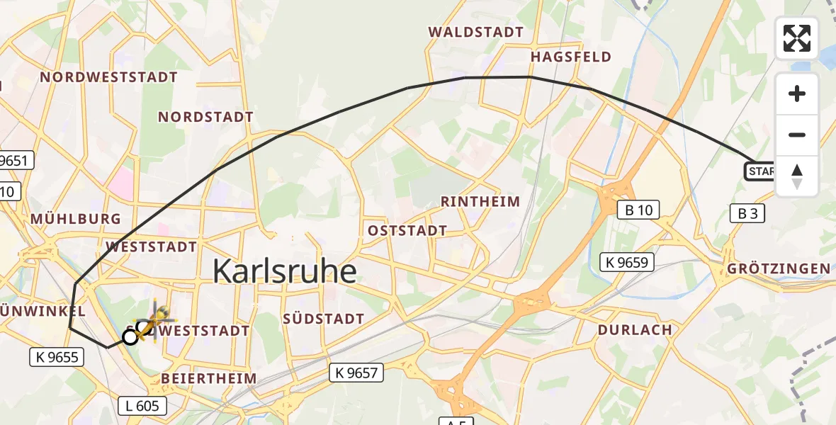 Flugroute Ambulanzhubschrauber Karlsruhe - Sankt Vincentius Hospital, 30 September 2026, 17:10