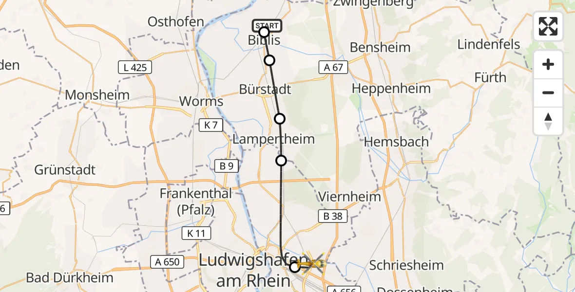 Flugroute Rettungshubschrauber Groß-Rohrheim - Mannheim-City Flughafen, 30 September 2026, 17:23