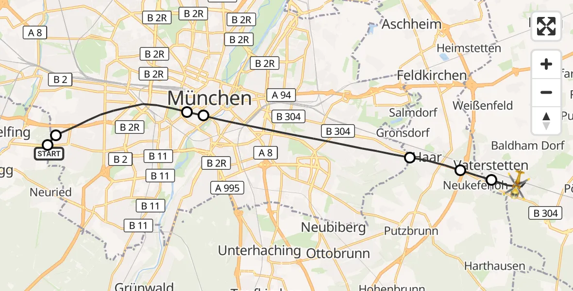 Flugroute Rettungshubschrauber DRF Air Rescue München Hubschrauberlandeplatz - Vaterstetten, 30 September 2026, 17:40