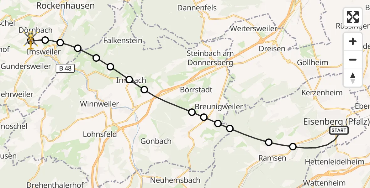Flugroute Rettungshubschrauber Eisenberg (Pfalz) - Rockenhausen, 30 September 2026, 17:59