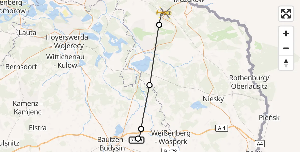 Flugroute Rettungshubschrauber Bautzen Flugplatz - Weißwasser/O.L., 30 September 2026, 18:02