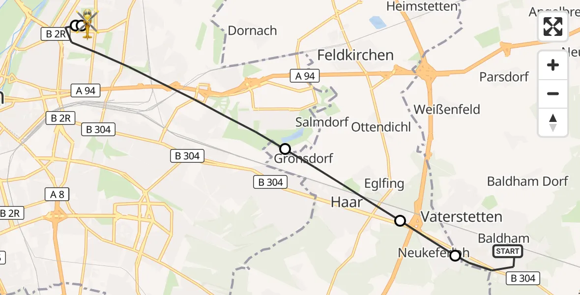 Flugroute Rettungshubschrauber Vaterstetten - München Bogenhausen Hospital, 30 September 2026, 18:21
