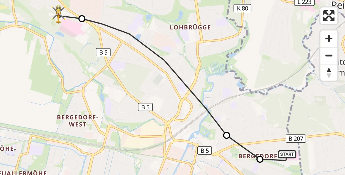 Flugroute Rettungshubschrauber Bethesda Hospital - Christoph Hansa ADAC Hubschrauberlandeplatz, 30 September 2026, 18:21