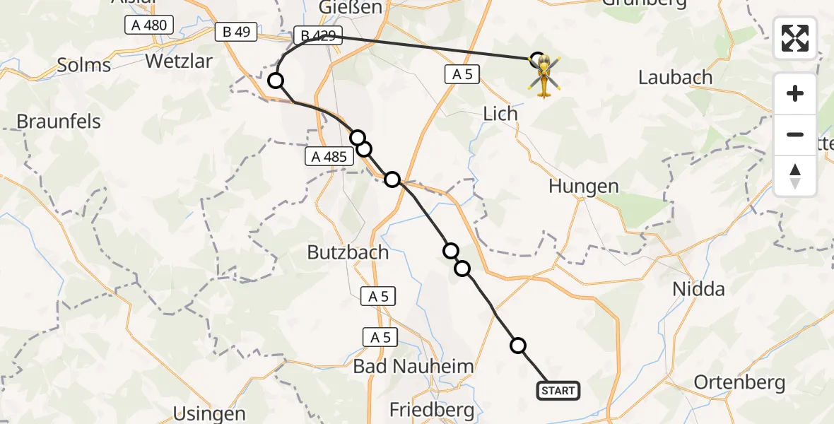 Flugroute Ambulanzhubschrauber Reichelsheim (Wetterau) - Lich, 30 September 2026, 18:41
