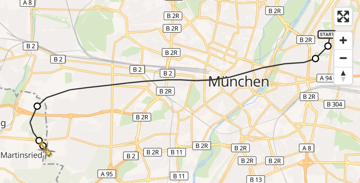 Flugroute Rettungshubschrauber München Bogenhausen Hospital - DRF Air Rescue München Hubschrauberlandeplatz, 30 September 2026, 19:05
