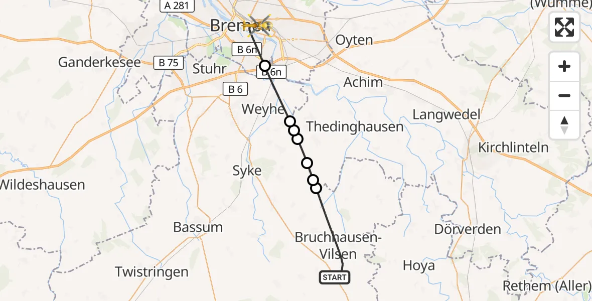 Flugroute Ambulanzhubschrauber Bruchhausen-Vilsen - Bremen, 30 September 2026, 19:16