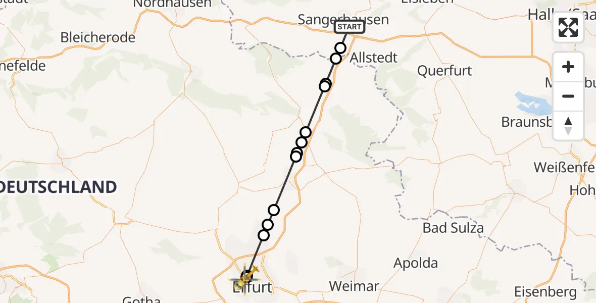 Flugroute Rettungshubschrauber Sangerhausen - Helios Clinic Erfurt, 30 September 2026, 20:09