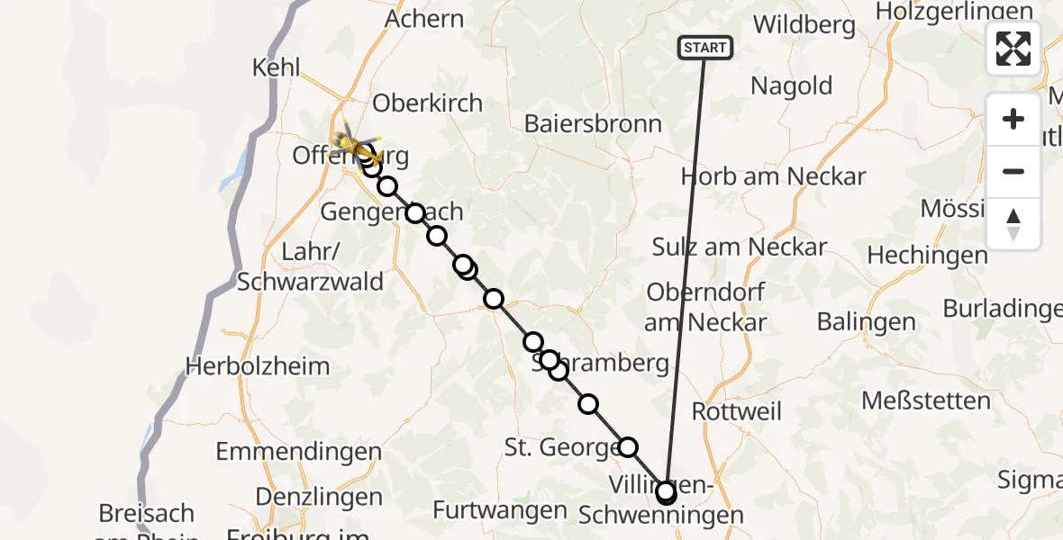 Flugroute Ambulanzhubschrauber Altensteig - Offenburg, 30 September 2026, 21:30