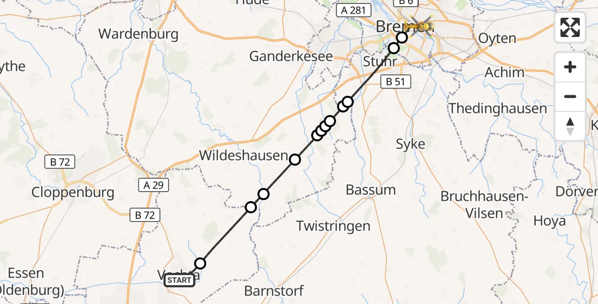 Flugroute Ambulanzhubschrauber Vechta - Bremen, 30 September 2026, 21:31