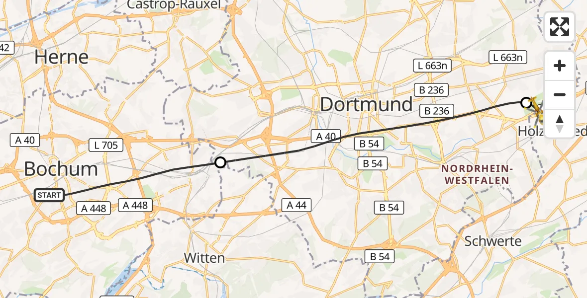 Flugroute Rettungshubschrauber Bochum - Dortmund Flughafen, 30 September 2026, 21:36