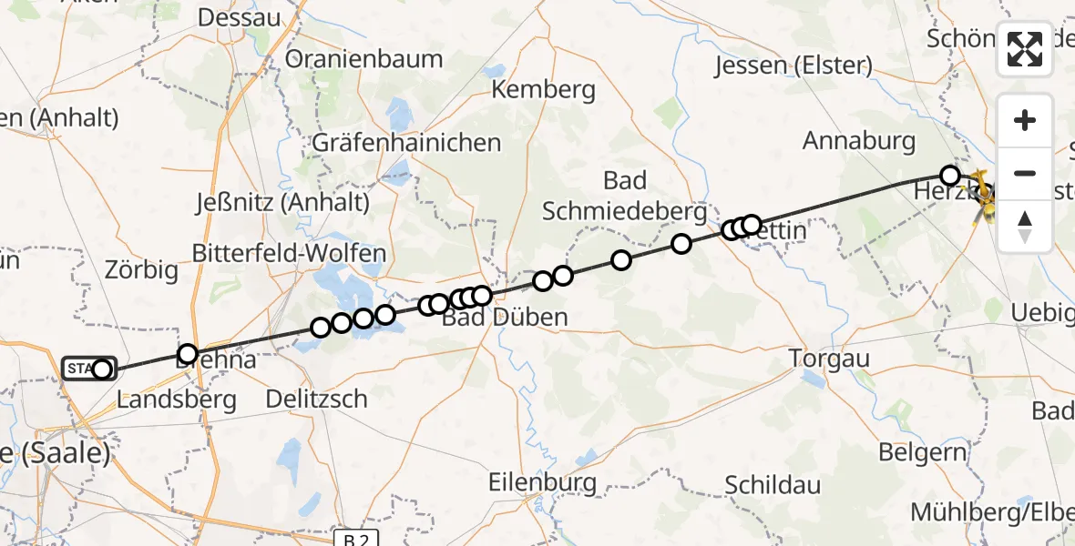 Flugroute Rettungshubschrauber Halle-Oppin Flugplatz - Elbe-Elster Hospital Herzberg, 30 September 2026, 22:02