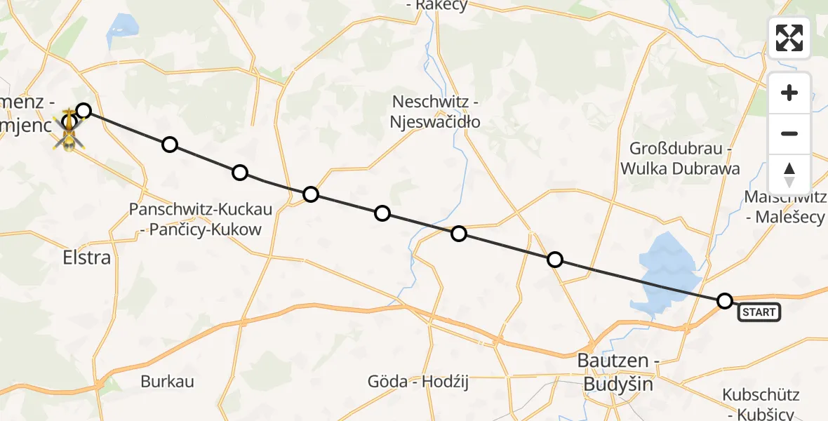 Flugroute Rettungshubschrauber Kubschütz - Kamenz Hubschrauberlandeplatz, 30 September 2026, 22:30