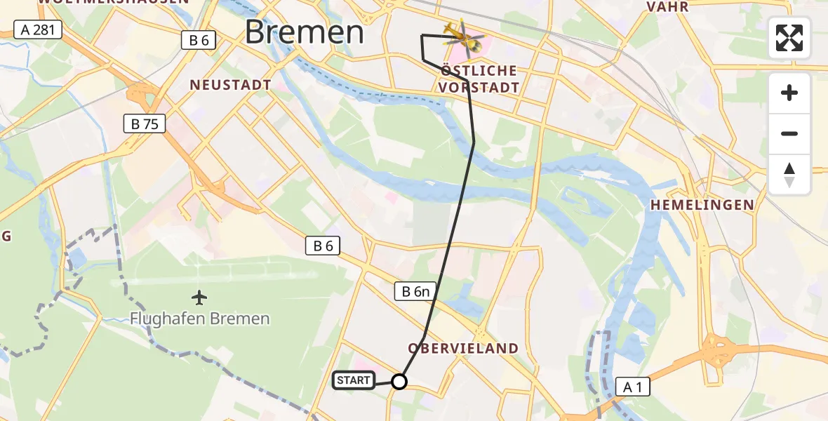 Flugroute Ambulanzhubschrauber ADAC Air Rescue Station Bremen Hubschrauberlandeplatz (Christoph 6) - Bremen, 30 September 2026, 22:32
