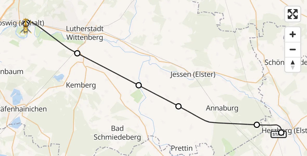 Flugroute Rettungshubschrauber Elbe-Elster Hospital Herzberg - MediClin Heart Center Coswig Hubschrauberlandeplatz, 30 September 2026, 22:49