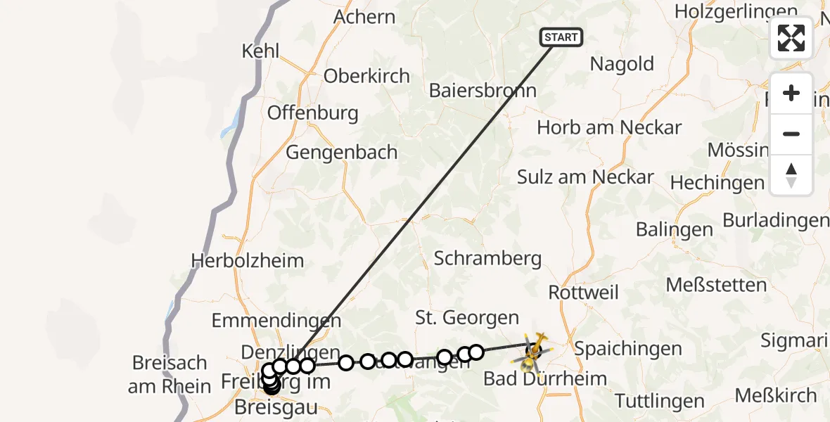 Flugroute Ambulanzhubschrauber Altensteig - DRF Air Rescue Station Villingen-Schwenningen Hubschrauberlandeplatz (Christoph 11), 30 September 2026, 23:22