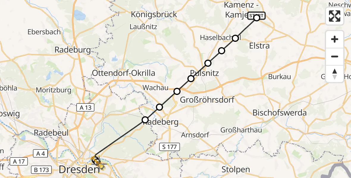 Flugroute Rettungshubschrauber Kamenz Hubschrauberlandeplatz - Dresden University Hospital, 30 September 2026, 23:28