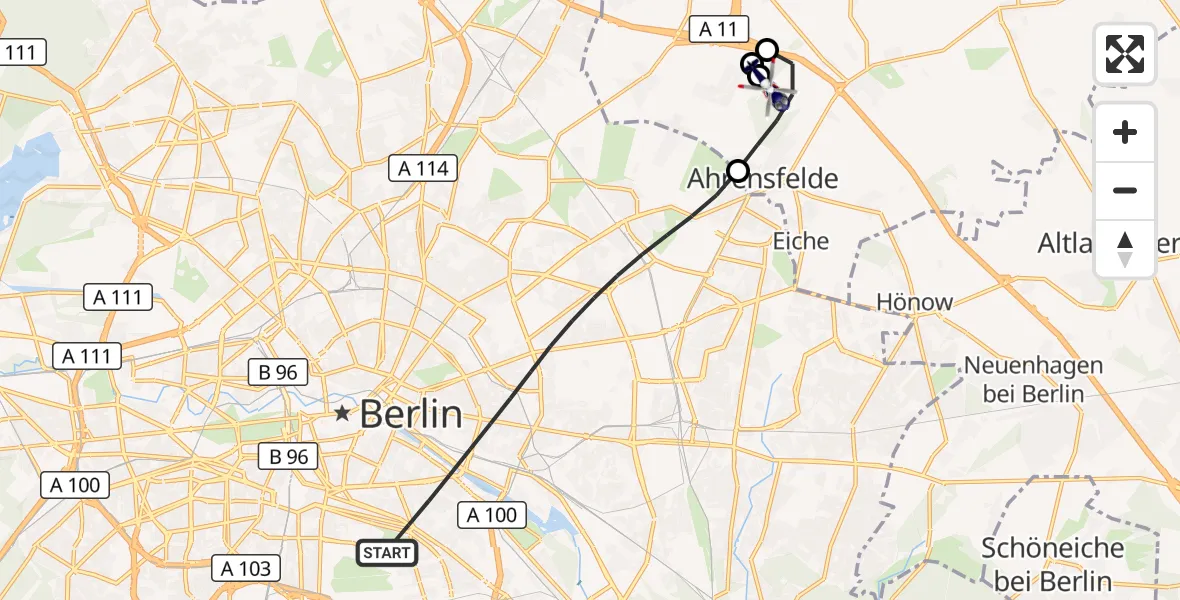 Flugroute Polizeihubschrauber Berlin - Ahrensfelde Hubschrauberlandeplatz, 01 Oktober 2026, 01:00