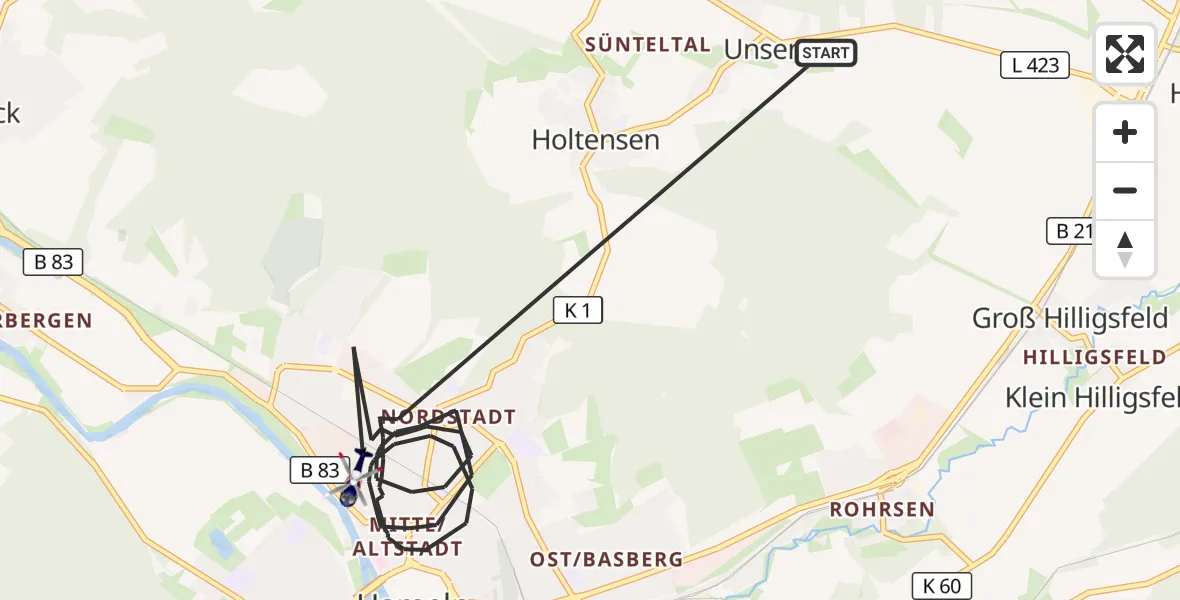 Flugroute Polizeihubschrauber Hameln - Hameln, 01 Oktober 2026, 01:26