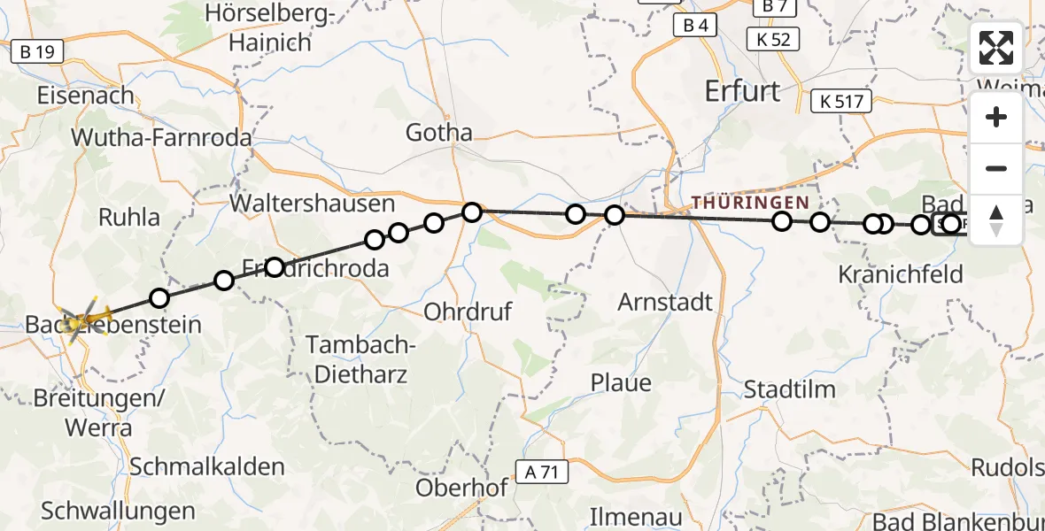 Flugroute Ambulanzhubschrauber Bad Berka Central Hospital - Bad Liebenstein, 01 Oktober 2026, 02:58